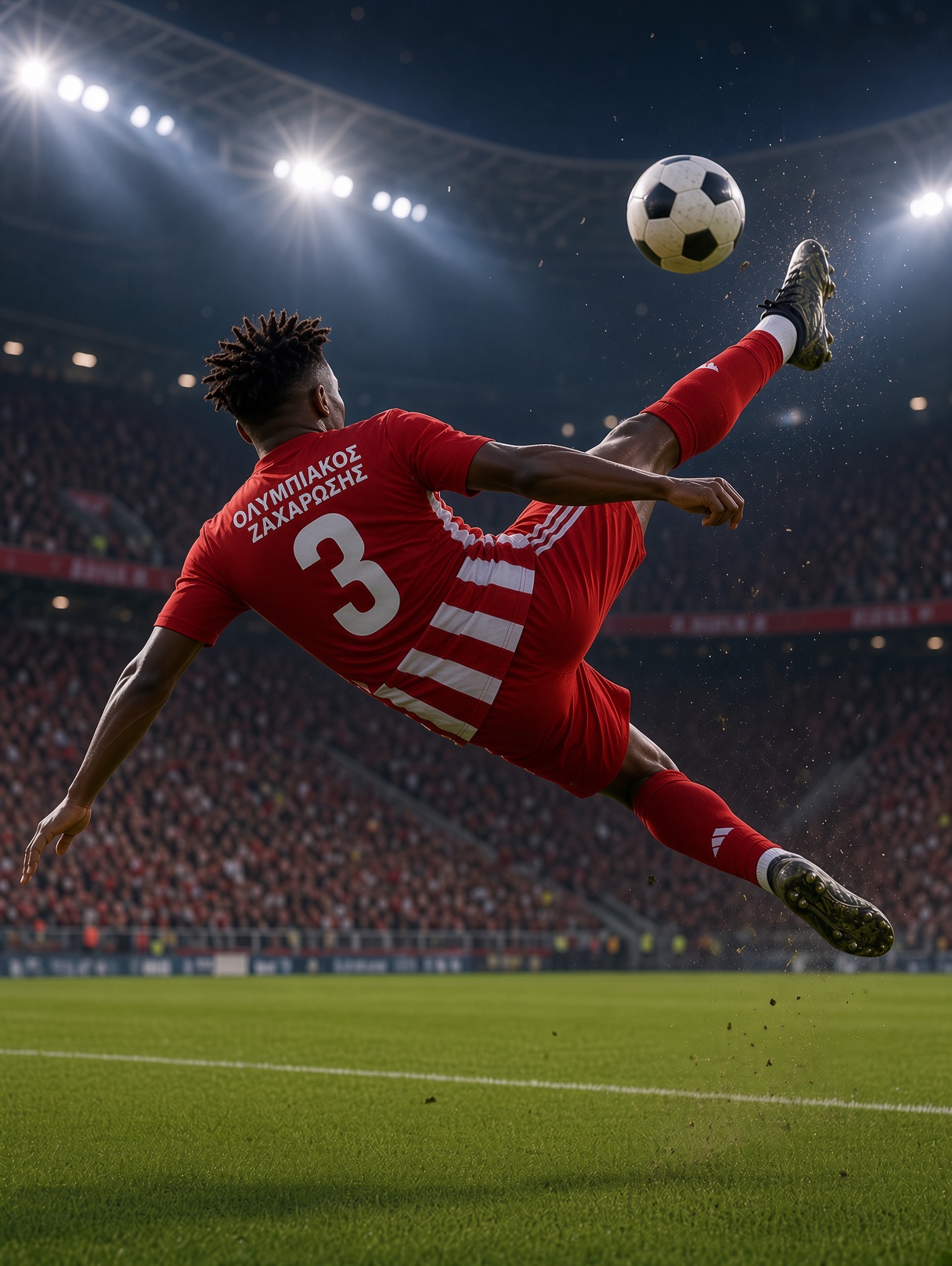 Barney Kirimi in Olympiakos Zacharos colours executing an overhead kick under stadium lights